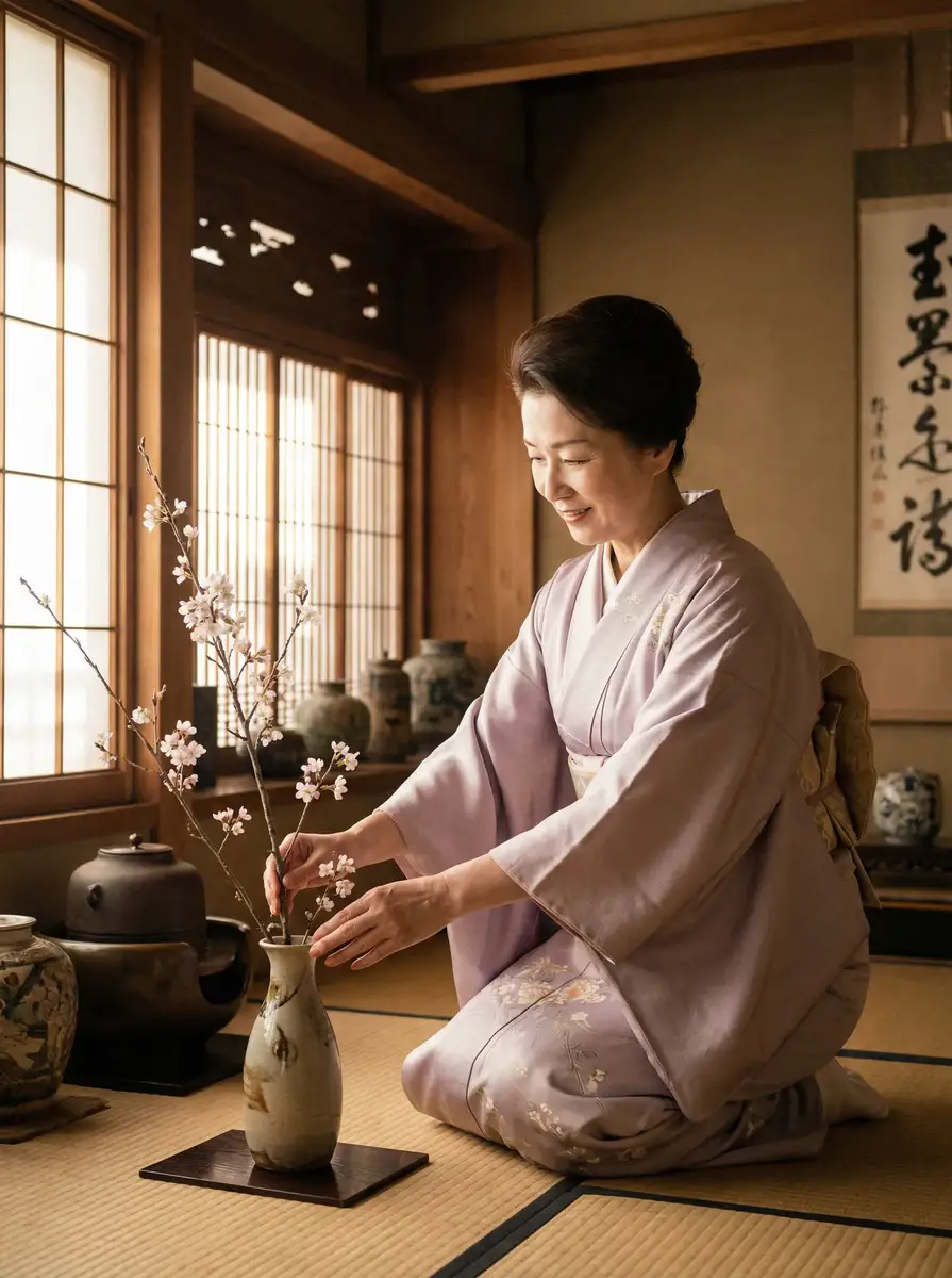 一位优雅的 飞机杯女神 在和室中插花